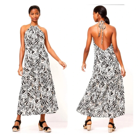 LOFT Beach Womens Maxi Dress Small  Halter Lightweight Leaf Palm Print NWT - Picture 1 of 16